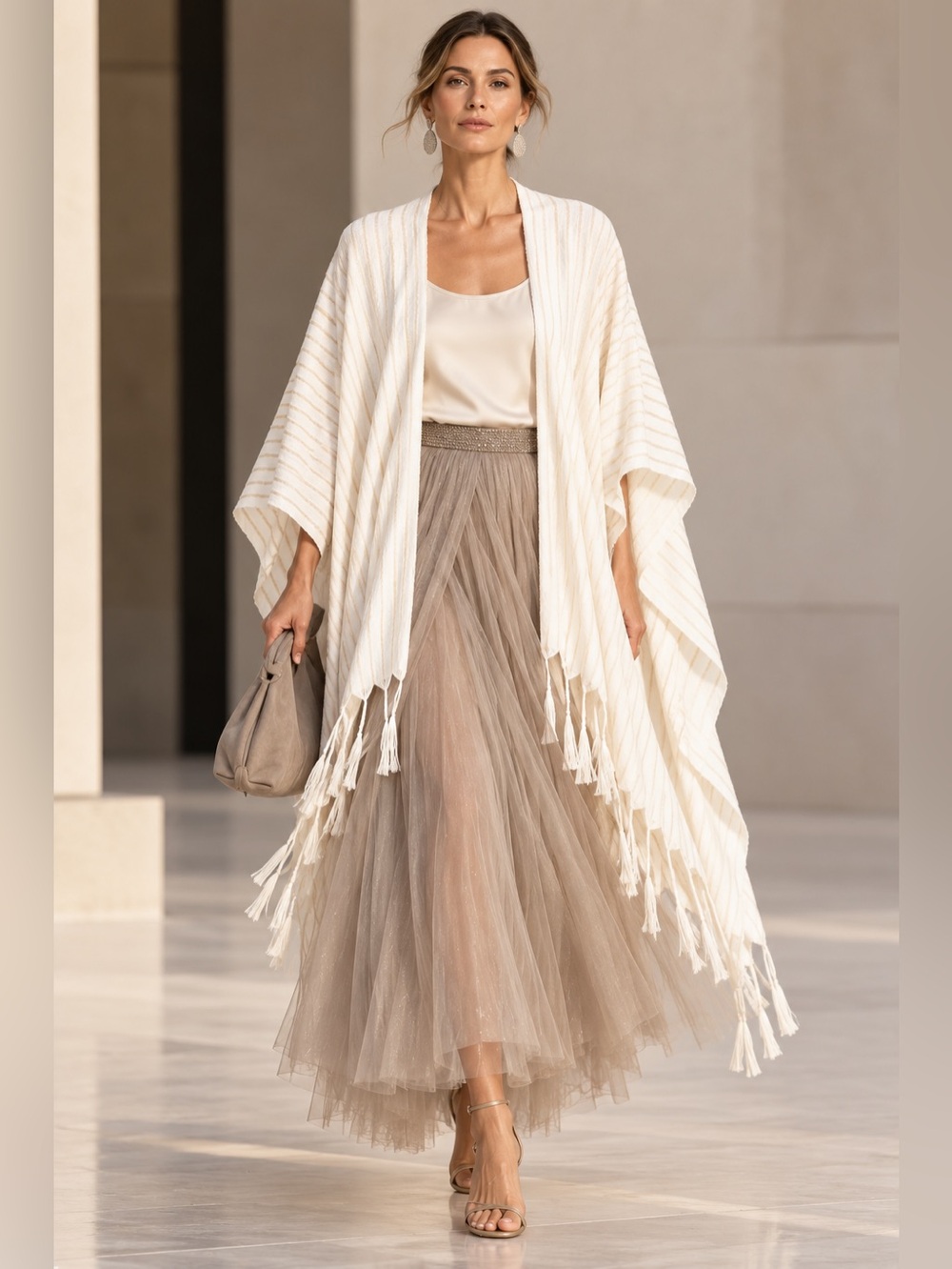 Brunello Cucinelli Wool Linen Fringed Cape Poncho OS NWT $ 2990 Cream Fringe O